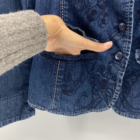 Coldwater Creek Denim Embroidered BOHO Jacket Nehru Collar Cottage size 6 - Picture 4 of 8